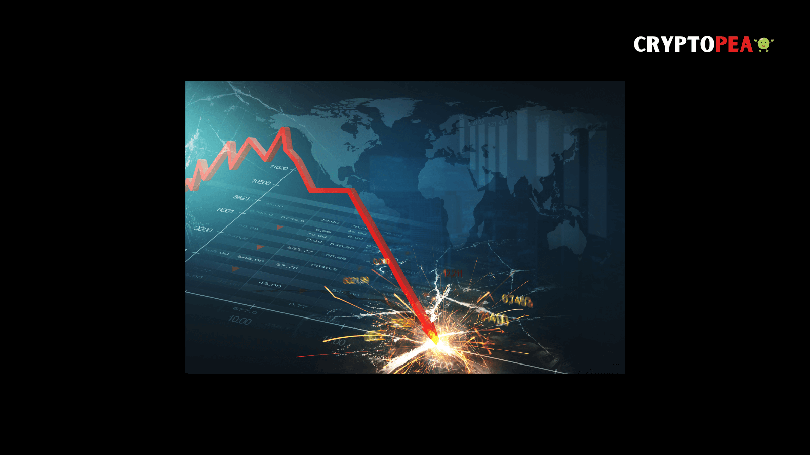 Crypto market crash illustration with red downward trend line, sparks, and global financial chart background