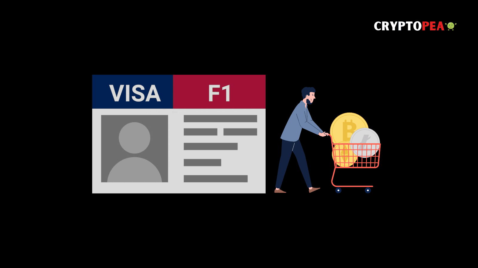 F1 visa holder pushing cart with Bitcoin and cryptocurrency coins, representing crypto investment opportunities in the USA.