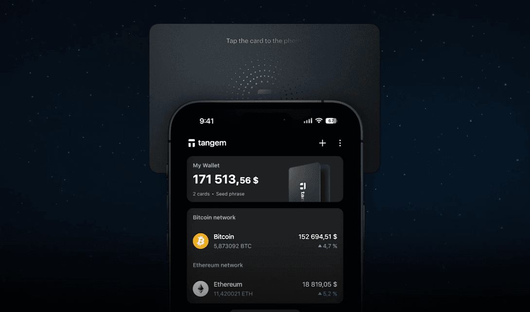Tangem Wallet interface showing cryptocurrency balances and transaction options with a dark background.