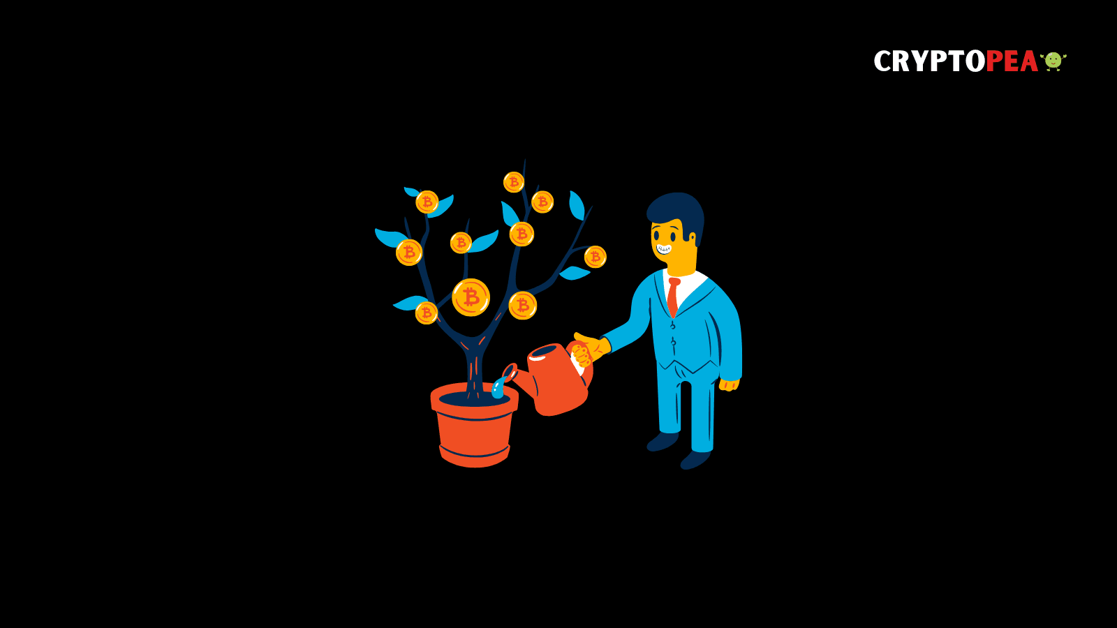 A man in a blue suit waters a tree growing Bitcoin coins in a red pot, symbolizing Bitcoin investment growth and rewards.