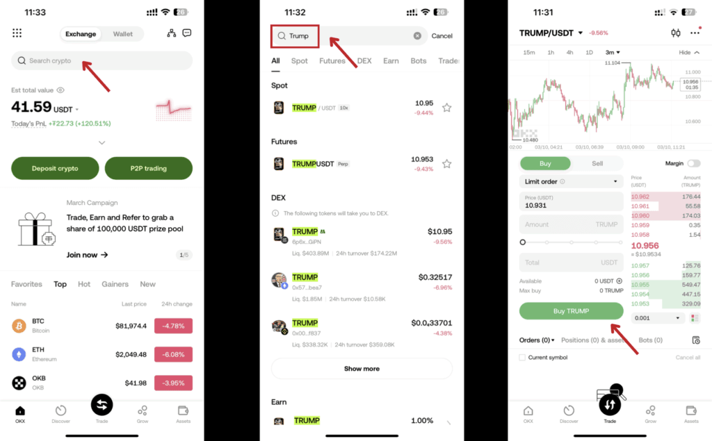 Step-by-step guide to buying Trump Token on a cryptocurrency exchange, showcasing the search, selection, and purchase process with highlighted instructions