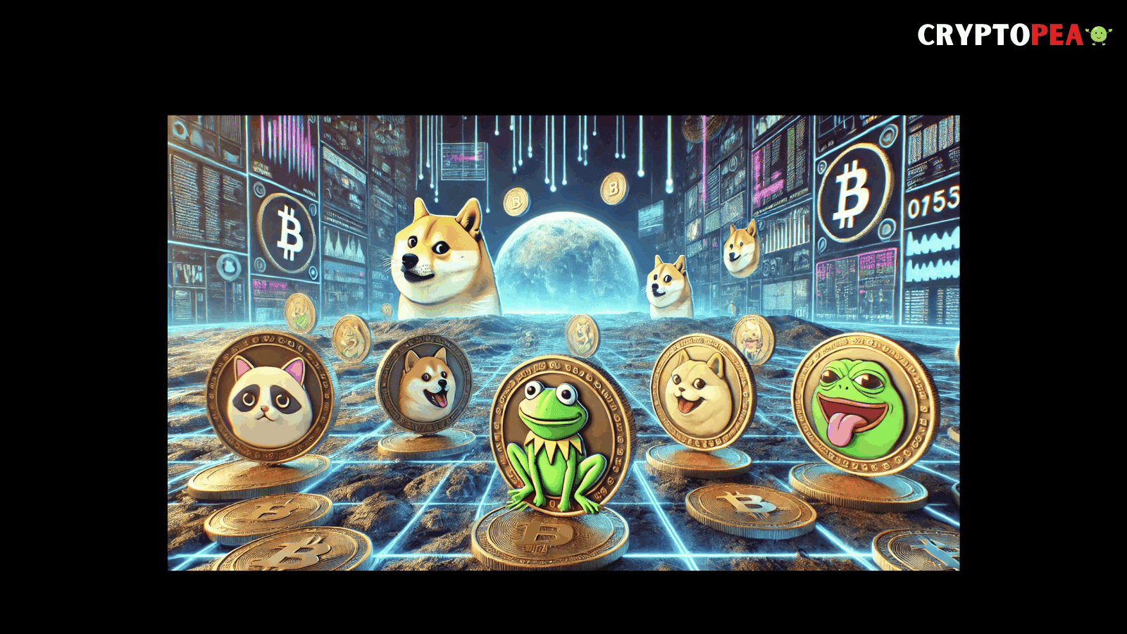 A futuristic crypto-themed image featuring popular meme coins like Dogecoin, Pepe, and Bitcoin in a digital cyber setting