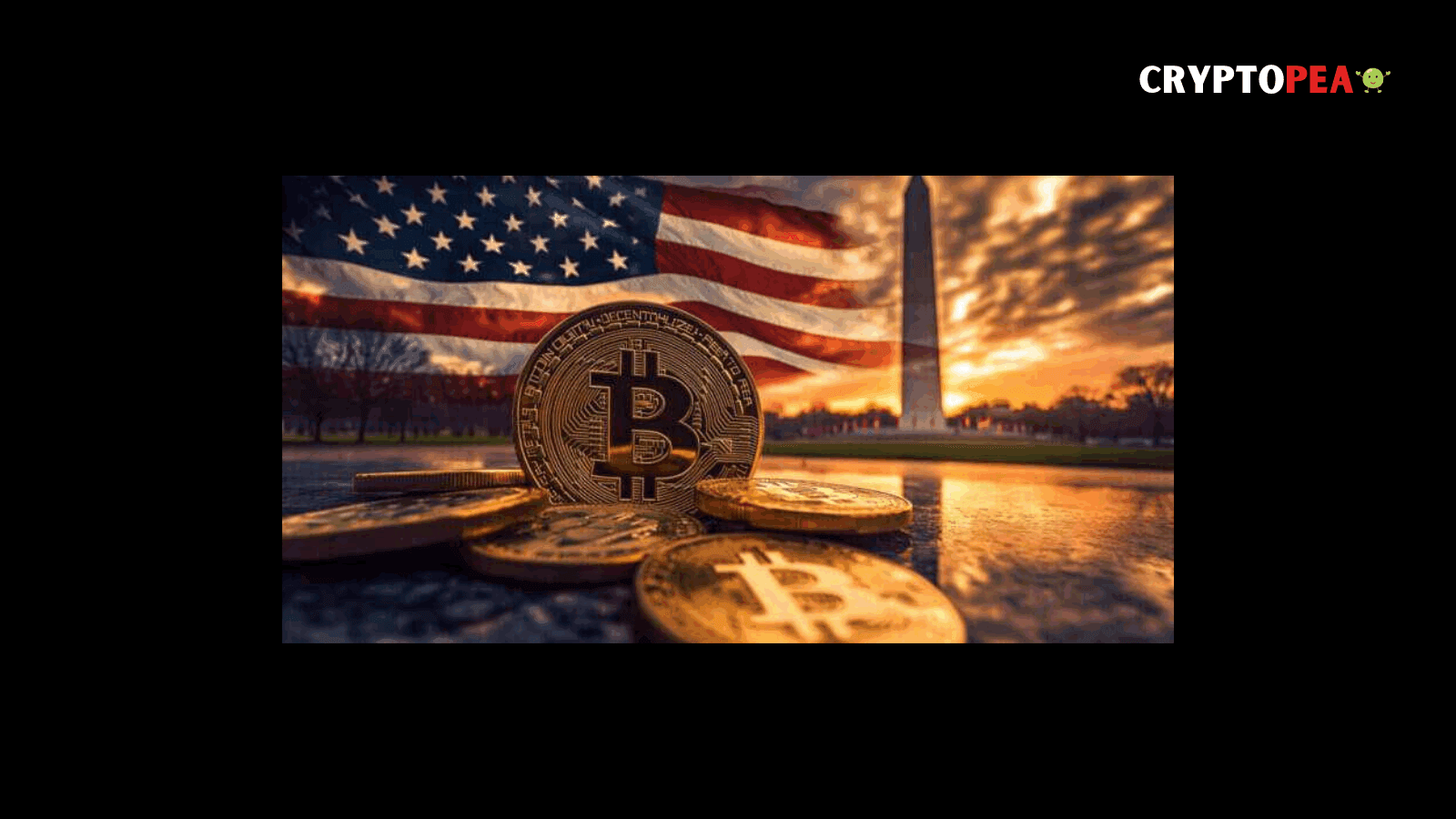 Bitcoin coins with the American flag and Washington Monument, symbolizing a strategic bitcoin reserve.